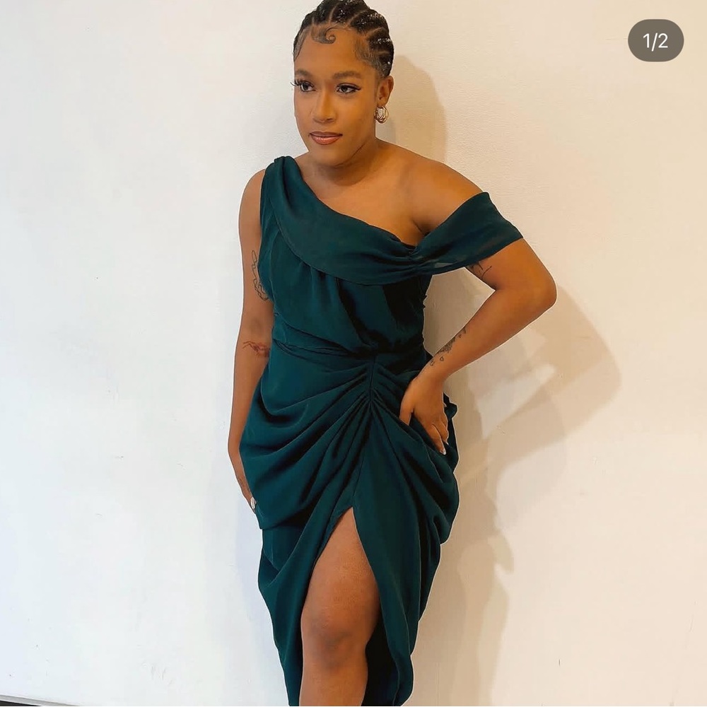 PrettyLittleThing Asymmetric Dark Green Midi Dress